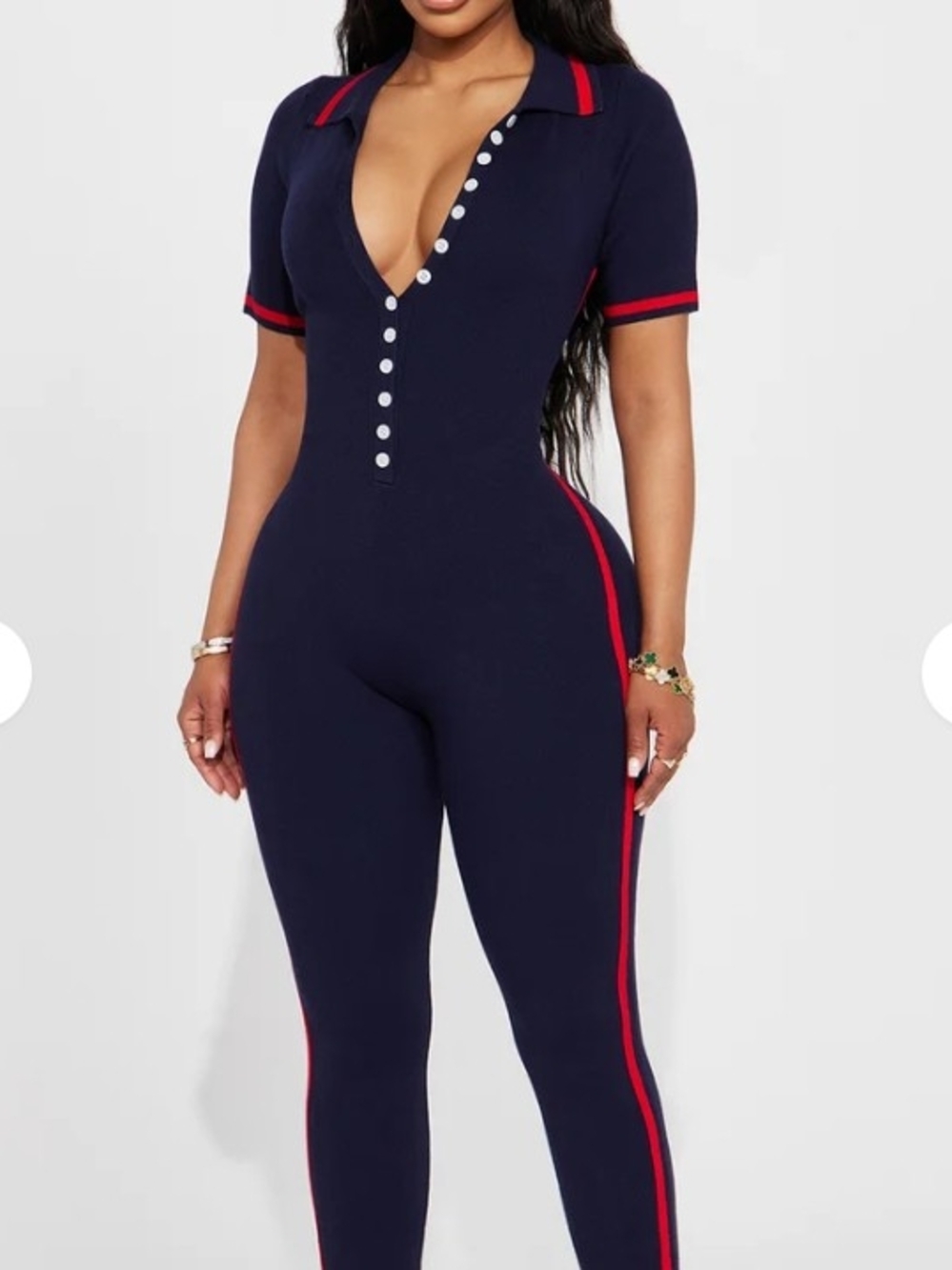 Fashion Nova Navy Jumpsuit with Red Trim